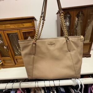 Coach Taupe Pebble Leather Tote with Gold Chain Handles